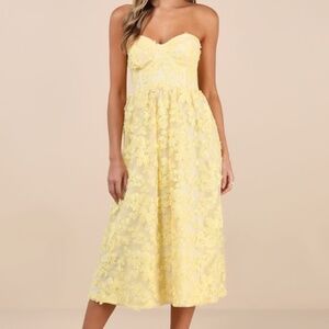 Lulus Quite Perfect Yellow Floral Embroidered Strapless Midi Dress - Size XL